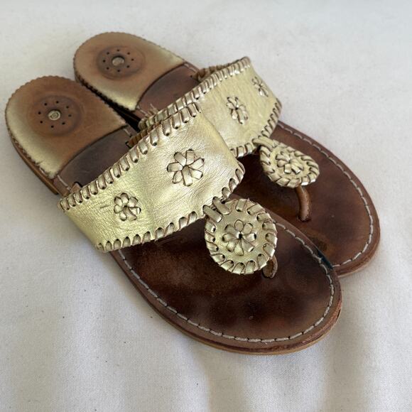 Jack Rogers Jacks Miss Hamptons Sandals 6 Black Gold Leather Flats Flip Flops - Picture 2 of 5